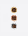 Threadless end pictured (from top down) in yellow, rose, and white gold