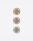 Threadless end pictured (from top down) in yellow, rose, and white gold